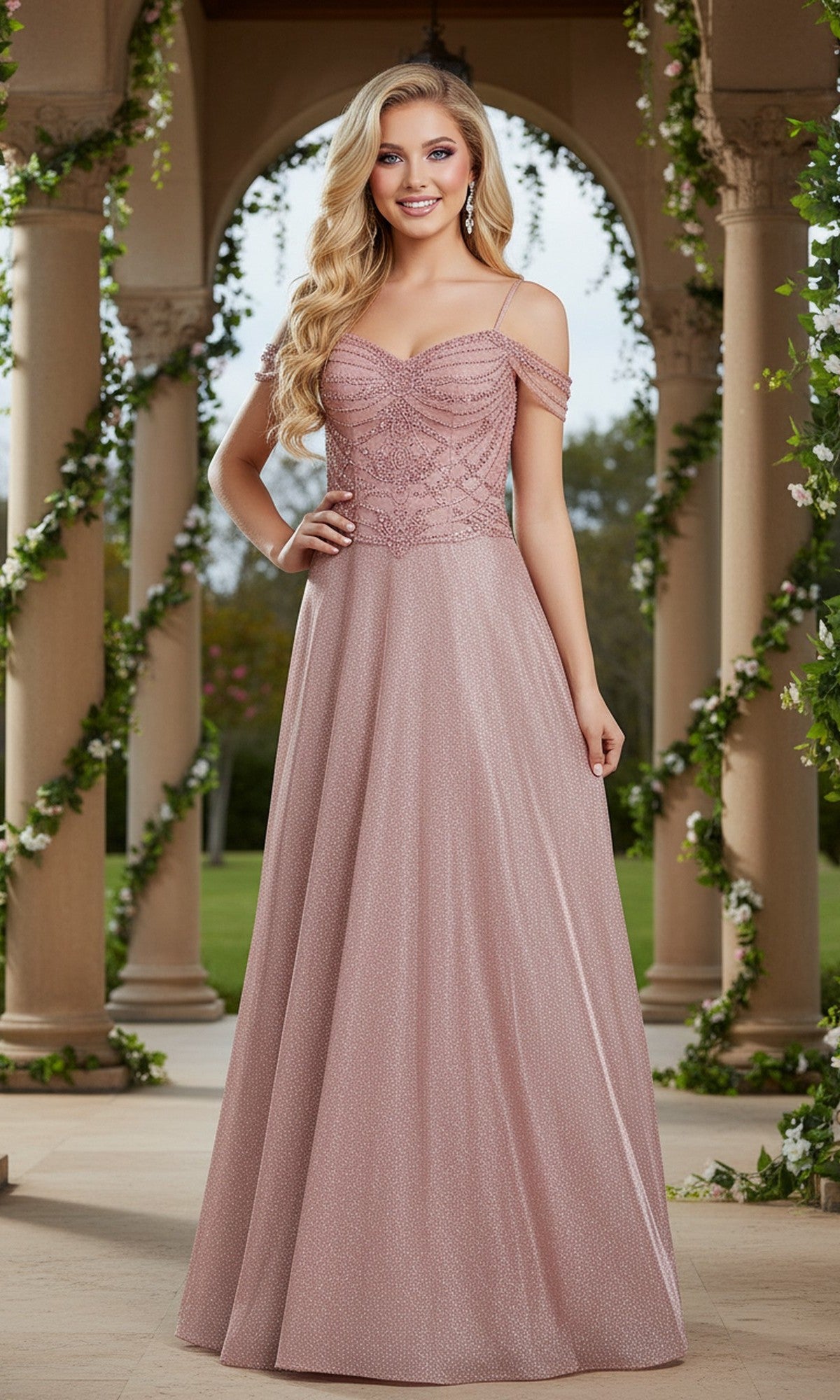 A woman wearing the Cinderella Couture 8581J long prom dress in rose, featuring an off-shoulder lace bodice and elegant a-line skirt, stands outdoors by columns wrapped in vines.